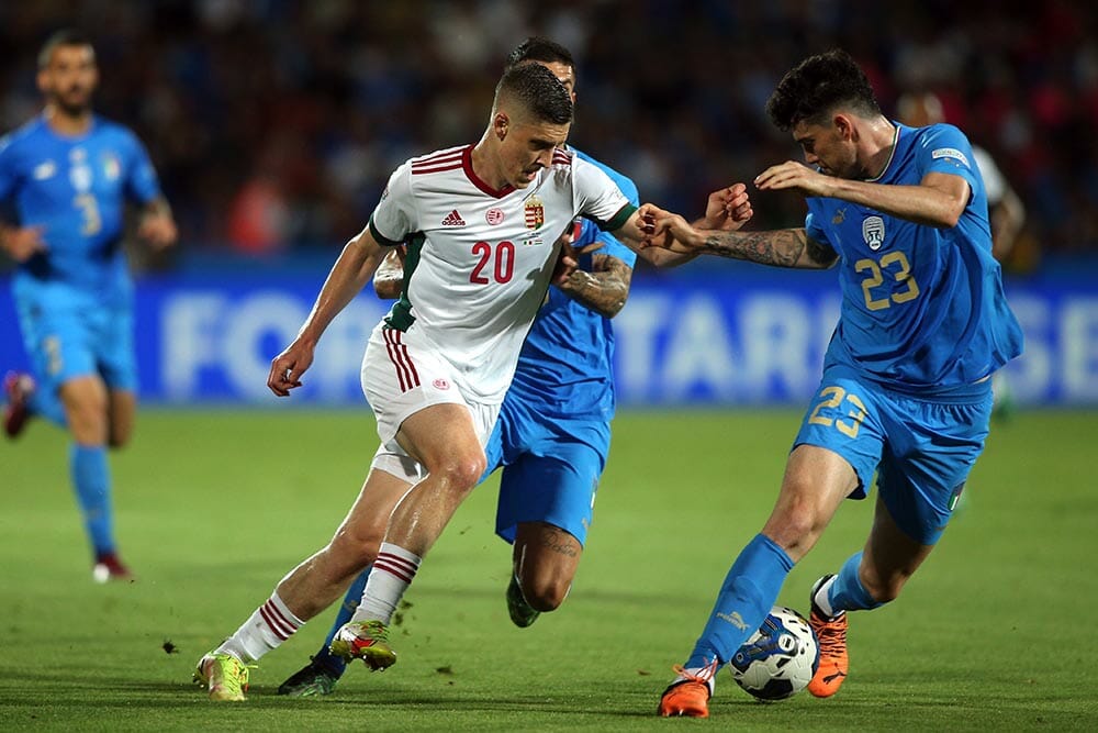 ROME, Italy - 07.06.2022: ROLAND SALLAI (HUN), ALESSANDRO BASTONI (ITALY) during the UEFA Nations League 2023 football match between Italy vs HUngary at Orogel Stadium-Dino Manuzzi in Cesena