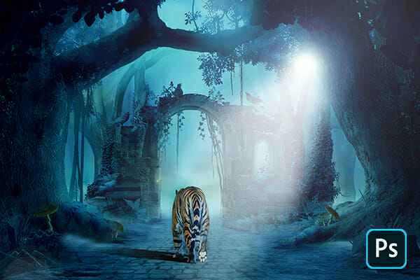 Tiger in the moonlight in a forest