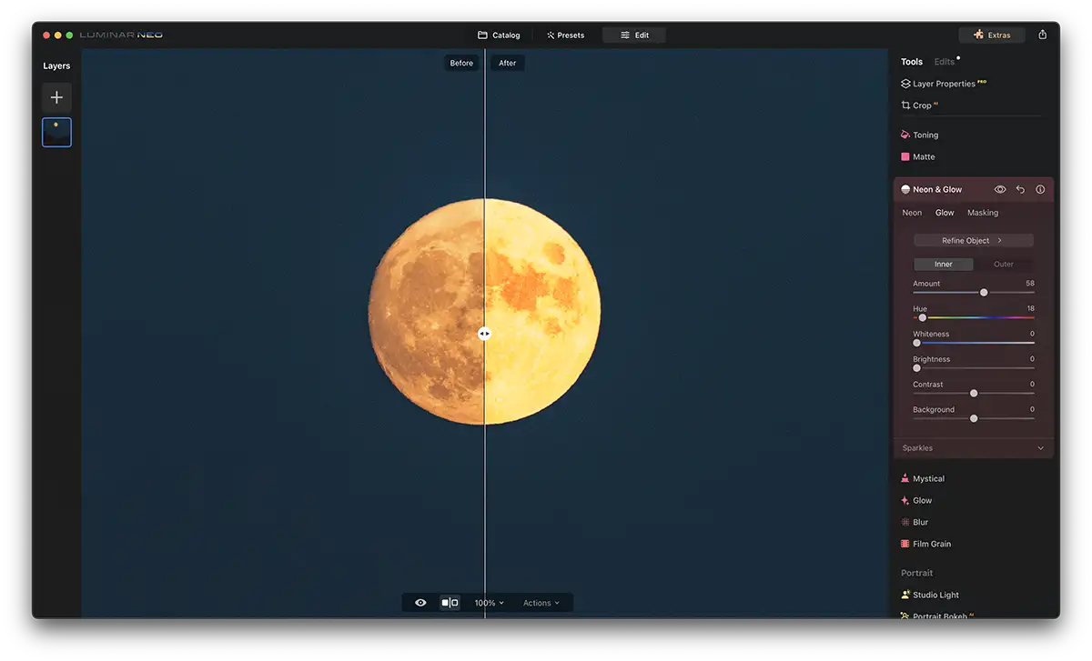 Screenshot of Luminar Neo Neon Glow Effect with a moon