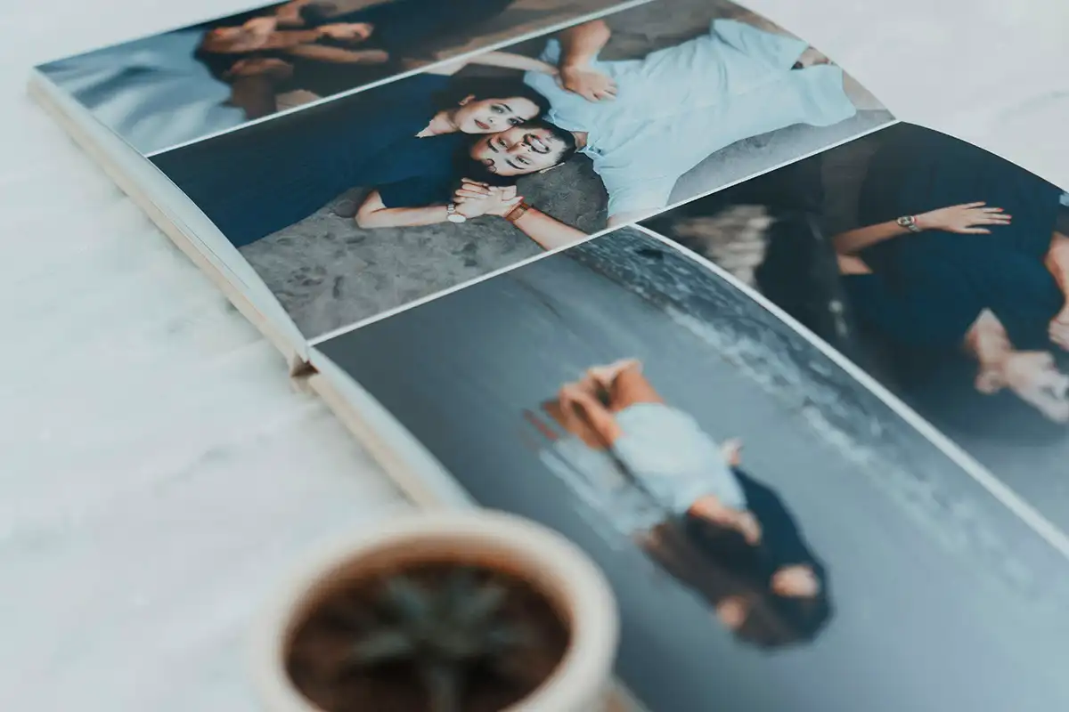 a open photo album of a couple