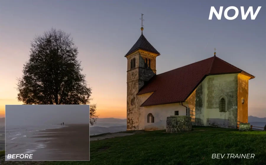 a church on a hill at sunset