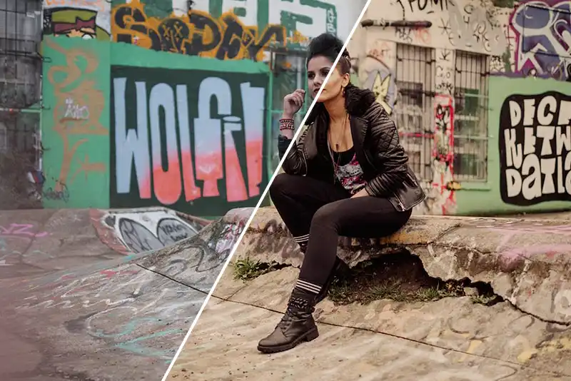 a woman in a leather jacket sat in a skate park