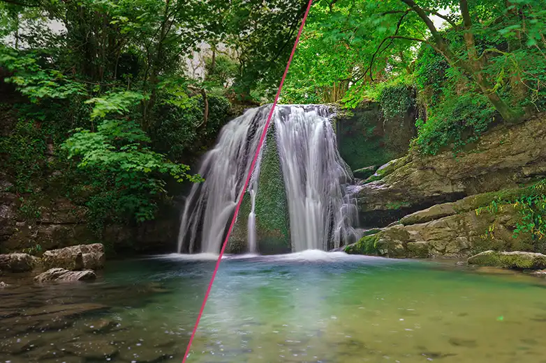 A before and after of a waterfall photo