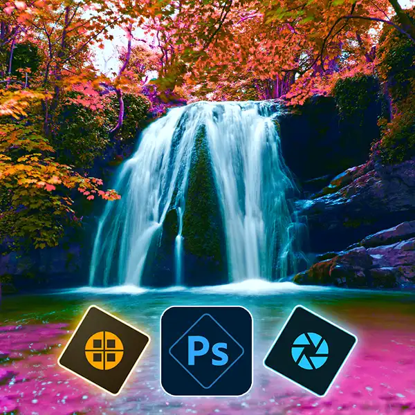 A colourful waterfall surrounded by orange trees and pink shores