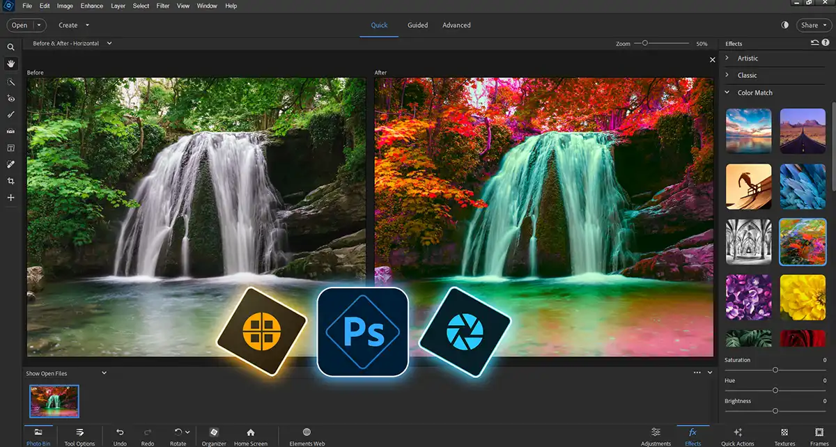 Screenshot of a before and after photo of a waterfall edited in Adobe Photoshop Elements