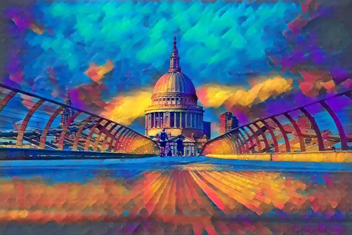 A creative psychadelic painted picture of St Pauls Cathedral in London